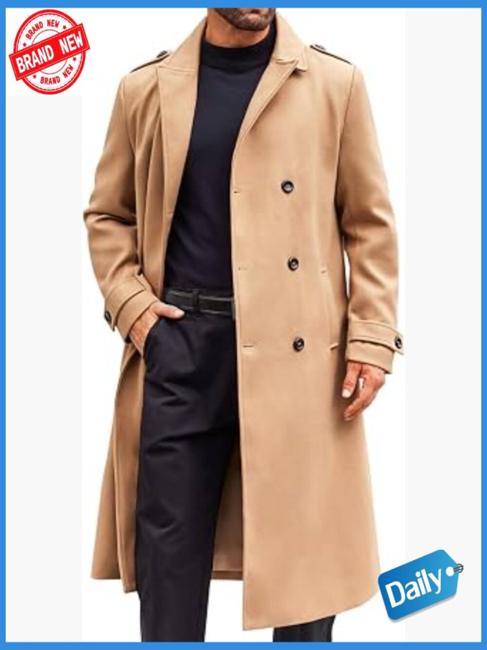 Mens Double Breasted Trench Coat Notched Lapel Long Peacoat Classic Winter